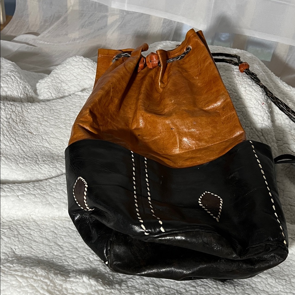 Two-Tone African Leather Drawstring Bucket Bag - Black & Cognac Handemade
